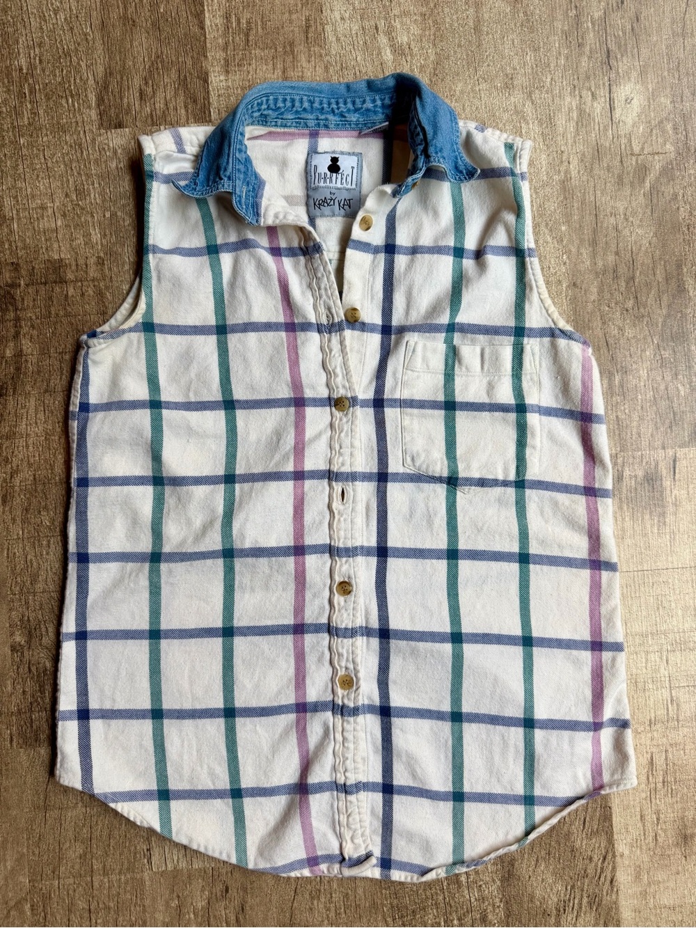 Vintage Purr-fect by Krazy Kat Plaid Sleeveless Button Down Vest Top